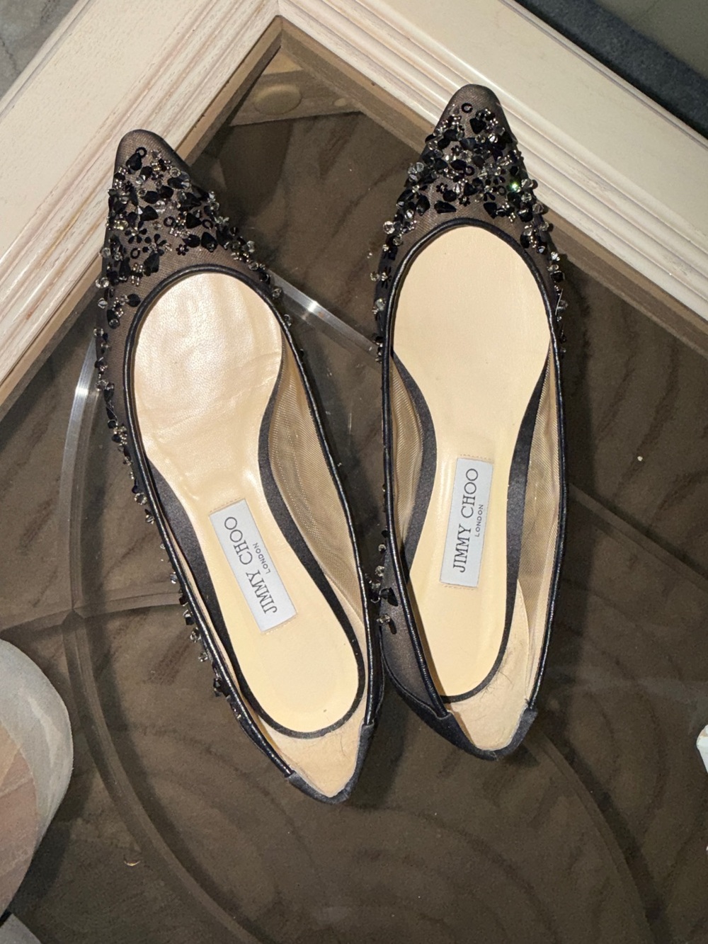 Jimmy Choo Black Jeweled Pointed-Toe Slingback Flats